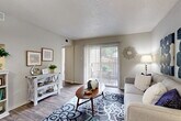 Located at 4208 W Pioneer Dr in Irving, TX, this well-appointed one-bedroom, one-bathroom unit offers a thoughtfully designed single-level layout that maximizes every square foot. The combined living and dining area serves as the heart of the home, featuring wood-style flooring, a textured ceiling, and neutral gray walls that create a clean, versatile backdrop. A standout feature is the full-width sliding glass door fitted with vertical blinds, flooding the space with natural light and providing direct access to a private outdoor patio with outdoor seating. The galley-style kitchen is efficiently designed with white cabinetry, light countertops, a gray subway tile backsplash, black appliances including a range and refrigerator, and a stainless steel sink — all oriented to maximize counter and storage space. A dedicated laundry area with a washer and dryer is conveniently tucked off the kitchen. The bedroom is a comfortable retreat featuring plush carpet, a ceiling fan, and multiple windows that bring in abundant natural light and outdoor views. Three closets throughout the unit provide generous storage. The bathroom is clean and functional, offering a tub/shower combination, white vanity cabinetry, and matching wood-style flooring that ties the space together cohesively.