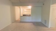 This single-floor space presents a clean, open layout with a neutral color palette throughout. The main living area is finished with wall-to-wall carpeting in a light gray tone, providing a blank canvas ready for customization. White walls keep the space feeling bright and open despite the absence of visible windows in this view.

A defining architectural feature is the half-wall pass-through that connects the living area to the kitchen space beyond. The pass-through is topped with a dark countertop, offering a practical surface that facilitates interaction between the two areas. Within the kitchen alcove, a sink with a standard faucet is visible, accompanied by open shelving above, maximizing storage utility in a compact footprint.

The ceiling features a drop-tile grid system, a practical design element commonly found in lower-level or below-grade spaces, which also allows easy access to utilities housed above. Recessed lighting within the kitchen alcove provides focused illumination in that area.

Overall, this space offers a functional, no-frills environment with a straightforward floor plan, well-suited for a variety of uses including residential or light commercial purposes.