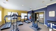 This fitness center is designed to support a well-rounded cardio workout routine within a compact, efficiently organized space. The room features a two-tone color scheme, with warm golden-yellow walls on one side and a deep navy blue accent wall on the other, creating an energetic and motivating atmosphere. Crown molding lines the perimeter where the walls meet the white ceiling, adding a subtle architectural refinement to the space.

Recessed lighting is evenly distributed across the ceiling, providing consistent illumination throughout, while large windows along one wall allow natural light to fill the room and offer views of the surrounding landscape. The flooring is carpeted in a neutral tone, with rubberized mats placed beneath the equipment for added stability and floor protection.

The fitness center is equipped with multiple treadmills, an elliptical trainer, and a stationary exercise bike, all positioned to allow comfortable use. A mirrored French door leads to an adjacent room, extending the sense of space and potentially providing access to additional equipment or amenities. A fire extinguisher is also conveniently mounted on the wall, reflecting attention to safety.