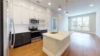 Located at 315 Blackwell St in the heart of Durham, NC, this well-designed single-floor residence offers a thoughtfully laid-out living space with contemporary finishes throughout. The kitchen serves as a standout feature, showcasing a striking two-tone design with crisp white upper cabinetry paired with deep navy lower cabinets. A large central island with a white quartz countertop and undermount sink anchors the space, complemented by stainless steel appliances including a range, microwave, and French door refrigerator. Pendant lighting adds a modern touch overhead, while recessed lighting provides even illumination throughout. Warm hardwood-style flooring flows through the kitchen and main living areas, creating a cohesive and inviting atmosphere. The living area is bright and open, benefiting from large windows that invite natural light. The bedroom features plush carpeting and a generously sized window with views of the surrounding area. Two bathrooms round out the space: one featuring a double-sink vanity with dark cabinetry, a soaking tub, and white subway tile surround, and a second with a glass-enclosed walk-in shower with decorative mosaic tile flooring. Neutral wall tones and clean architectural lines give the entire residence a polished, move-in-ready appeal.