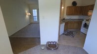 This single-floor residence offers a practical and comfortable layout that seamlessly connects the main living areas. The living room features neutral-toned carpet flooring and is filled with natural light streaming through a large window, creating a warm and welcoming atmosphere. A floor lamp adds supplemental lighting to the space, enhancing its cozy ambiance.

Adjacent to the living area, the kitchen is well-appointed with warm wood-toned cabinetry providing ample storage. It features a double-basin sink, a dishwasher, and generous counter space, making it both functional and efficient for everyday use. The kitchen floor transitions to easy-to-maintain tile, and a decorative area rug adds a touch of warmth. A small floral arrangement on the counter adds a homey touch to the space.

The open transition area between the rooms features light-colored walls throughout, contributing to the overall bright and airy feel of the home. The consistent neutral color palette across the living and kitchen areas creates a cohesive and inviting interior. The single-floor design ensures convenient accessibility, with all living spaces flowing naturally into one another.