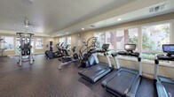 This fitness center is a comprehensively equipped facility designed to support a full range of workout routines. The space is laid out across a single level, with durable rubber flooring throughout that provides both safety and comfort during exercise. Large windows along the perimeter walls flood the interior with natural light and offer pleasant views of mature trees and surrounding greenery, creating an inviting atmosphere for exercise.

The cardio section is well-stocked with multiple treadmills, elliptical trainers, stair climbers, and stationary bikes, all positioned to take advantage of the natural light and outdoor views. A dedicated strength training area features a rack of dumbbells in graduated weights, kettlebells, adjustable weight benches, and a multi-station cable machine, providing ample options for resistance training. Full-length mirrors are mounted along one wall, enhancing the sense of space while allowing users to monitor their form.

A separate boxing zone includes a heavy punching bag on a freestanding stand, along with a workout mat, ideal for high-intensity training. Recessed ceiling lighting supplements the natural light for a consistently well-lit environment throughout the day. The warm neutral tones of the walls and the clean, organized layout contribute to a focused and functional training atmosphere.