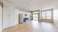 Located on N Malcolm X Blvd in Dallas, TX, this well-appointed single-floor unit offers a thoughtfully designed layout comprising an open-plan kitchen and living area, a separate living room, one full bathroom, and a closet. Light hardwood flooring runs seamlessly throughout the entire space, creating a warm and cohesive aesthetic.

The kitchen is a standout feature, showcasing a striking two-tone cabinet design with crisp white upper cabinets and bold navy-blue lower cabinets, complemented by a white tile backsplash and light countertops. Stainless steel appliances — including a refrigerator, range, microwave, and dishwasher — complete the modern look. The kitchen flows naturally into the open living area, which benefits from large sliding glass doors and generous windows that invite abundant natural light and provide views of the surrounding Dallas cityscape.

The living room is a bright, airy space with neutral walls, recessed lighting, and a ceiling fan. The bathroom is cleanly finished, featuring a navy vanity with a white countertop, hardwood-style flooring, and a full tub-shower combination with white tile surround. The overall ambiance of the space is clean, contemporary, and move-in ready, making it a functional and stylish option in the heart of Dallas.