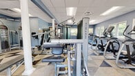 Located at 1103 Fox Run Dr in Plainsboro, NJ, this fitness center offers a comprehensive workout facility within a single-floor layout. The space is finished with muted blue-gray walls and a distinctive geometric-patterned carpet in neutral tones of gray, beige, and white, giving the room a clean, modern aesthetic. A drop-panel ceiling with integrated fluorescent lighting ensures consistent, even illumination throughout.

The facility is well-stocked with Matrix-brand equipment, including multiple treadmills, elliptical trainers, and stair climbers positioned along the perimeter for cardio training. A dedicated strength-training area features a multi-station cable machine, weight bench, barbell rack, and a tiered dumbbell rack accommodating a range of free weights. Full-length mirrors along one wall enhance the sense of space and allow users to monitor their form during exercise.

Natural light enters through several windows on multiple walls, offering views of the surrounding greenery. A set of glass double doors provides a secondary entrance, further brightening the interior. The layout is organized to allow comfortable movement between equipment zones, making efficient use of the available floor space.