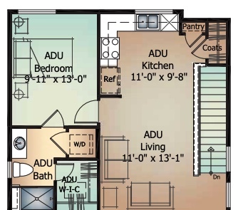 An ADU is an Accessory Dwelling Unit. It is a fully independent living space attached to a home. - 6125 Lantana Light Vw