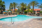 Located at 11511 Magnolia Ave in Riverside, California, this single-level amenity complex offers a resort-inspired outdoor experience designed for relaxation and recreation. The centerpiece is a generously sized, freeform swimming pool with a smooth paver surround, complemented by multiple shaded seating areas with umbrellas and lounge chairs — ideal for enjoying Southern California's abundant sunshine.

Adjacent to the pool, a semi-enclosed lounge pavilion features vaulted ceilings with a ceiling fan, textured stucco walls in a distinctive teal finish, and large barred windows that frame views of the pool and surrounding grounds. Stone tile flooring and wicker furniture with bold orange cushions create a relaxed, comfortable atmosphere. A beverage vending machine adds everyday convenience to the space.

Outside, a covered outdoor living area anchored by an orange shade sail houses a built-in fire pit surrounded by wicker seating and an outdoor television, making it a natural gathering spot for evenings. The surrounding landscape is thoughtfully designed with desert-friendly plants, decorative gravel, and paved walkways winding among tall palm trees and lush greenery. The overall ambiance is warm, inviting, and distinctly Californian, offering a serene escape with a strong sense of community.