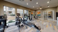 Located at 7920 Country Club Dr in Sachse, Texas, this fitness center offers a comprehensive workout facility designed to support a wide range of exercise routines. The space is spread across a single floor and is bathed in natural light, thanks to an abundance of large windows that provide views of the surrounding community grounds. Ceiling fans and recessed lighting ensure a comfortable environment throughout the day.

The main workout area is well-equipped with a variety of cardio machines, including treadmills, ellipticals, and a stationary bike, as well as Cybex-brand rowing equipment. Strength training needs are addressed with a multi-station cable machine, a dedicated free weight section featuring a full rack of dumbbells, and an adjustable weight bench. A mirrored wall along one side of the room enhances the sense of space and allows users to monitor their form during exercise.

A separate entry area provides a dedicated water station for hydration, a towel bar for convenience, and a vertical rack of medicine balls for functional fitness training. The flooring throughout features a patterned carpet with yellow and gray accents, adding a modern aesthetic to the space. Colorful abstract artwork adorns the walls, contributing to an energizing atmosphere. Crown molding and clean, neutral-toned walls complete the polished, community-grade fitness facility.