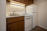 Located at 614 Cedar On in Knoxville, Tennessee, this single-floor unit offers a practical and well-organized layout designed for comfortable everyday living. The main living area is open and inviting, featuring durable wood-look plank flooring, a ceiling fan with integrated lighting, and a textured ceiling. A wall-mounted HVAC unit and a window with blinds provide climate control and natural light, creating a bright and airy atmosphere.

The kitchen is efficiently arranged in a galley configuration and is open to the living space via a peninsula counter topped with a butcher block surface — ideal for casual dining or meal prep. Rich, warm-toned wood cabinetry lines the upper walls of the kitchen, complementing the white appliances, including a coil-top electric range, refrigerator, and sink. The kitchen also features under-cabinet lighting for added functionality.

The bathroom is clean and straightforward, offering a full tub-and-shower combo in a crisp white surround, a toilet, and a separate vanity area with a wide countertop sink and a large mirror. The wood-look flooring extends into the bathroom, maintaining a consistent aesthetic throughout the unit. A built-in dresser unit is also visible, offering additional storage. Overall, the space is clean, cohesive, and move-in ready.