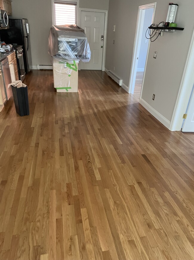 Open Concept: view of kitchen / front door from living area - 131 Derby St