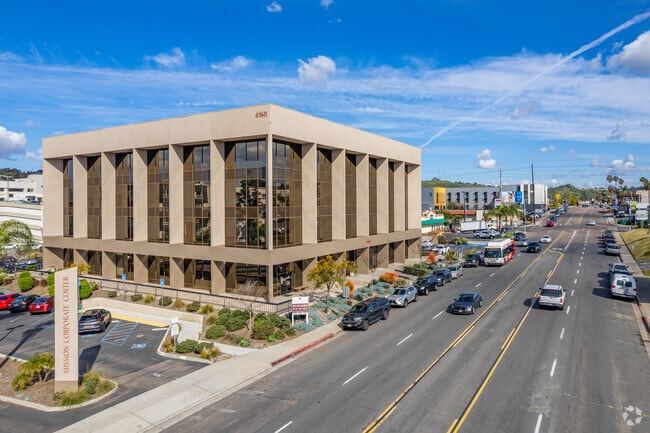 Commercial buildings line Friars Road in Grantville, San Diego.