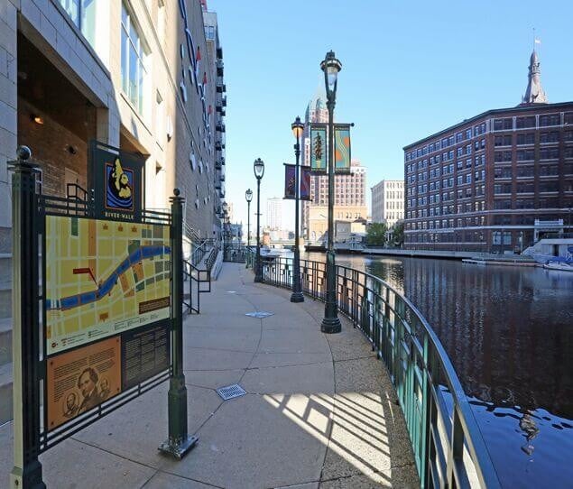 The Milwaukee RiverWalk extends more than 20 blocks through downtown