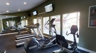 This fitness center is designed to provide a comprehensive workout environment within a single-level layout. The space is lined with large windows along one wall, allowing abundant natural light to fill the room and offering views of the lush outdoor surroundings, creating an open and energizing atmosphere. The walls are finished in a deep olive green, lending the space a focused and motivating ambiance.

The cardio area is well-appointed with a row of Precor treadmills, elliptical cross-trainers, and stationary bikes, all positioned to take advantage of the natural light from the windows. Multiple flat-screen televisions are mounted high on the walls, ensuring that users can stay entertained throughout their workout. A dedicated free weights section, visible along the far wall, features a full dumbbell rack suitable for strength training.

Recessed lighting in the vaulted ceiling supplements the natural light from the windows, keeping the space bright and functional at any time of day. The fitness center's layout is thoughtfully organized to allow for comfortable movement between equipment, making it a practical and well-rounded facility for residents or members looking to maintain an active lifestyle.