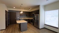 This single-floor space showcases a thoughtfully designed open-concept kitchen that serves as the focal point of the layout. The kitchen features dark espresso-toned cabinetry that extends to the upper walls, providing generous storage capacity. A colorful mosaic tile backsplash adds a decorative accent between the upper and lower cabinets, introducing a subtle pop of visual interest against the darker tones. The countertops are finished in a clean, light-colored surface that contrasts elegantly with the cabinetry.

A central kitchen island with a matching dark base and light countertop offers additional workspace and casual dining potential. Stainless steel appliances, including a French door refrigerator, gas range, and microwave, lend a polished, contemporary feel. Overhead, a combination of pendant lighting above the island and a track lighting system ensures the kitchen is well-lit and functional.

The warm hardwood-style flooring flows throughout, contributing to a cohesive and inviting atmosphere. Natural light enters through a window fitted with white shutters, adding brightness to the space. The overall design balances modern aesthetics with practical functionality.