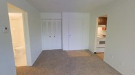 This single-floor space offers a straightforward and functional layout. The main living area is finished with neutral-toned carpet, providing a comfortable underfoot feel throughout the room. White walls keep the space bright and versatile, lending itself well to a variety of décor styles.

A set of bifold louvered closet doors lines one wall, offering practical built-in storage. Adjacent to the closet is a solid entry door with a standard lock, featuring a small transitional area of hard flooring at the threshold where the carpet meets a smooth surface.

Directly accessible from the main living area is a compact kitchen, partially visible through an open passageway. The kitchen includes white appliances — notably a range and oven — along with dark-toned wooden cabinetry above. An under-cabinet range hood is also present, adding functional ventilation to the cooking area.

Overall, the space presents a clean, no-frills environment suitable for everyday living. The open sightline between the living area and kitchen enhances the sense of connectivity, making the layout feel cohesive despite its modest scale.