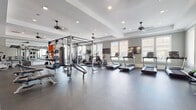 Located at 906 Oasis Palm Cir in Ocoee, FL, this single-floor fitness center is a comprehensively outfitted facility designed to support a wide range of workout routines. The space is finished with durable rubber flooring throughout, tray ceilings with recessed lighting, and ceiling fans that maintain a comfortable environment during exercise.

The cardio zone is generously stocked with multiple treadmills, elliptical trainers, a stair climber, and stationary bikes, all positioned near large windows fitted with slatted blinds that invite ample natural light and views of the surrounding community. Wall-mounted flat-screen televisions are strategically placed throughout for entertainment during workouts.

The strength training area features a full power rack complete with a punching bag and weight plates, a multi-station cable machine, benches, and a comprehensive dumbbell rack spanning a wide weight range. Colorful medicine balls add to the functional training offerings. Full-length mirrors line the walls, enhancing the sense of openness and allowing users to monitor their form.

An open floor area accommodates functional fitness tools such as a mini trampoline and plyo box, ideal for dynamic training. An adjacent corridor connects to what appears to be a locker room or restroom area with warm wood-accented finishes, completing this well-appointed fitness facility.