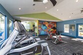 This single-level fitness center is thoughtfully designed to provide a comprehensive workout environment in a visually engaging setting. The space is defined by vaulted ceilings that lend an open, airy feel, complemented by a color palette of cool blues and chartreuse greens across the walls. A striking large-scale abstract mural anchors one end of the room, adding a bold artistic focal point that energizes the atmosphere.

The cardio zone features multiple treadmills and elliptical machines arranged along a wall of wide windows that frame views of an outdoor pool and surrounding greenery, allowing natural light to fill the space. Wall-mounted televisions are positioned for easy viewing during workouts. A full-length mirror along one wall visually expands the room and supports form-checking during exercise.

The strength training area is well-appointed with a multi-functional cable machine, a dumbbell rack with a flat utility bench, and additional free weights. Spin bikes occupy a dedicated section of the floor, offering cycling options alongside the broader cardio equipment lineup.

Durable patterned carpet tiles cover the flooring throughout, providing both cushioning and traction. Recessed lighting and ceiling fans ensure consistent illumination and air circulation. Glass double doors at the entrance offer views of the surrounding outdoor environment, making this fitness center a bright and inviting space for daily use.
