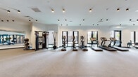 This expansive fitness center is designed to support a full range of workout styles within a clean, modern environment. The space is organized into distinct training zones, each thoughtfully appointed with professional-grade equipment. The cardio area features multiple treadmills, elliptical machines, and rowing machines positioned along large floor-to-ceiling windows that invite natural light and offer views of the surrounding exterior. Adjacent to this zone, a dedicated strength training area houses blue power racks with Olympic barbells and weight plates, providing ample space for serious lifting. A comprehensive free weights section includes a full rack of dumbbells in graduated sizes, adjustable benches, and plyo boxes for functional training. Large floor-to-ceiling mirrors line the walls, enhancing the sense of openness and allowing users to monitor their form. A cable and multi-functional machine station rounds out the equipment offerings. The ceiling features a striking combination of recessed and track lighting, with a warm wood-paneled soffit accent in portions of the space that adds architectural warmth. Rubber-backed carpet flooring throughout provides cushioning and durability. The space is accessed through glass-paneled double doors and maintains a bright, airy ambiance throughout, making it a well-rounded and inviting facility for all fitness levels.