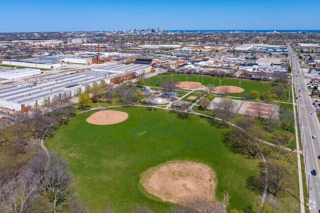 Aerial view of West Milwaukee Park with downtown in the distance.