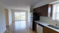This single-floor unit features an open-concept layout that seamlessly connects the kitchen and living area, creating a functional and airy living space. The kitchen is outfitted with rich dark-toned wood cabinetry, light-colored countertops, a stainless steel refrigerator, and a built-in dishwasher. Storage is well-distributed with both upper and lower cabinets. The living area extends from the kitchen, featuring light hardwood-style flooring throughout that adds warmth and continuity to the space. A large sliding glass door dominates the far wall of the living area, flooding the interior with abundant natural light and providing direct views of mature trees and the surrounding neighborhood rooftops. The clean white walls and bright ceiling enhance the sense of openness. The overall ambiance is modern and minimalist, with a neutral palette that provides a versatile backdrop for various interior styles. The combination of natural light, outdoor views, and an open floor plan makes this a comfortable and inviting space.