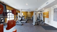 Located at 4854 Ohear Ave in North Charleston, South Carolina, this single-floor fitness center is thoughtfully designed to support a well-rounded workout experience. The space is defined by bold mustard-yellow accent walls that lend a vibrant, energizing atmosphere, complemented by a clean white ceiling equipped with a ceiling fan to maintain comfortable airflow during workouts.

The fitness floor is outfitted with a comprehensive selection of cardio equipment, including treadmills, elliptical machines, and a stationary bike, all arranged to allow ample space for movement. A multi-station cable and weight machine anchors the strength training section, providing users with a variety of resistance exercise options. Red accent equipment and wall-mounted boxing-style pads add a dynamic visual element to the space.

The flooring consists of durable dark gray fitness-grade material, well-suited for the demands of daily use. Natural light filters in through windows along the wall, brightening the interior and creating an open, welcoming feel. Recessed lighting supplements the natural light, ensuring the space is well-illuminated at all times. The overall layout is efficient and practical, making this fitness center a functional and motivating environment for users of all fitness levels.