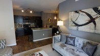 This single-floor space showcases a thoughtfully designed open-concept layout where the kitchen and living area flow together seamlessly. The kitchen is outfitted with dark cabinetry, a mosaic tile backsplash, and black appliances, including a refrigerator, stove, and built-in microwave. A central island with a light stone countertop and an integrated sink serves as both a functional workspace and a natural dividing point between the kitchen and living areas. Track lighting overhead illuminates the kitchen zone effectively.

The living area exudes a contemporary elegance, anchored by warm hardwood-style flooring that runs throughout the space. A plush, tufted gray sofa with decorative pillows provides a comfortable focal point, complemented by a soft area rug beneath. Warm ambient lighting from a classic table lamp creates an inviting atmosphere. The walls are finished in a sophisticated gray tone, accented by curated wall art and a decorative starburst mirror that adds visual interest. The overall design balances modern aesthetics with cozy, livable warmth, making the space both functional and stylish.