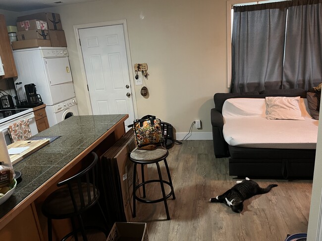 Kitchen on the left, living area at right. Entry door at center. - 5723 213th St SW