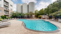 Located at 131 Poindexter Drive in Charlotte's vibrant Dilworth neighborhood, this outdoor amenity space centers around a generously sized, freeform resort-style swimming pool with crystal-clear blue water. The pool's curved, organic shape creates an inviting, leisure-focused atmosphere, with gradual entry steps that ease the transition into the water. Surrounding the pool is an expansive paved sun deck finished in warm-toned pavers, lined with an abundance of cushioned lounge chairs and chaise lounges ideal for relaxing under the Carolina sky. A covered outdoor pavilion with a colonnade structure anchors one end of the deck, offering a shaded gathering area. The courtyard is framed by mature deciduous and ornamental trees, as well as layered shrubs and manicured landscaping beds that provide greenery and a sense of seclusion from the urban surroundings. The aerial perspective reveals the thoughtful, curvilinear layout of the pool and its integration within the broader residential complex. A modern multi-story building with contemporary façade materials — including brick, panel cladding, and private balconies — encloses the courtyard, creating a sheltered and private outdoor retreat. The overall ambiance is one of a well-appointed, resort-inspired communal environment designed for relaxation and outdoor enjoyment.