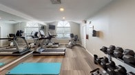 This fitness room is thoughtfully designed to support a comprehensive workout experience within a single, efficiently organized space. The room features vaulted ceilings that rise toward a striking arched window, allowing natural light to fill the area and creating an open, airy atmosphere. Wood-look plank flooring runs throughout, lending a clean and modern aesthetic that complements the neutral gray walls.

The cardio section is well-appointed with True-brand treadmills, an elliptical, and a recumbent bike, all positioned to take advantage of the natural light from the arched window. A wall-mounted flat-screen TV provides entertainment during workouts, and a large mirror along one wall visually expands the space while allowing users to monitor their form.

The strength training area includes a multi-function cable machine suitable for a variety of resistance exercises, paired with an adjustable weight bench and a medicine ball for functional training. A three-tier dumbbell rack holds a full range of free weights, neatly organized along the wall. A wall-mounted yoga mat in teal adds a functional and visually striking accent. A fire extinguisher and emergency exit signage reflect attention to safety throughout the space.