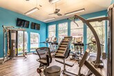 This fitness center is a thoughtfully designed, single-floor workout facility that combines functionality with an energizing aesthetic. The space is defined by its bold teal accent walls, which contrast with neutral gray sections to create a dynamic and motivating environment. Wood-look luxury vinyl flooring runs throughout, providing a clean, durable surface suited for a variety of exercises.

Large windows line the perimeter, allowing abundant natural light to fill the space while offering views of the surrounding outdoor area, including greenery and a pool. Ceiling fans and overhead fluorescent lighting ensure the space remains well-ventilated and brightly lit at all times. Wall-mounted flat-screen televisions are positioned at key points throughout the room for entertainment during workouts.

The equipment selection is comprehensive. Cardio offerings include treadmills, elliptical trainers, a stair climber, and a stationary bike. Strength training is well-supported with a multi-station cable machine, a functional trainer, and a dedicated free weights area featuring a full dumbbell rack and medicine ball storage. A weight bench and additional resistance machines round out the strength equipment. Floor-to-ceiling mirrors on one wall visually expand the space and allow users to monitor their form. Decorative wall art adds a finishing touch, contributing to a polished and welcoming atmosphere.
