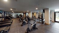 Located at 240 Park Ave in Minneapolis, Minnesota, this fitness center is a fully outfitted, single-floor facility designed to support a wide range of workout routines. The space is organized into distinct functional zones, each dedicated to a specific training discipline.

The cardio area features a row of treadmills, elliptical trainers, and stationary bikes, all equipped with individual monitors mounted on the walls above, allowing users to stay entertained during their sessions. Recessed ceiling lighting illuminates the space throughout, creating a consistent and focused workout environment.

The free weights section includes a comprehensive dumbbell rack with a full range of weights, accompanied by a flat workout bench for versatile strength training. Full-length mirrors line the walls in this area, enhancing the sense of space and allowing users to monitor their form.

The strength and functional training zone houses a variety of cable machines, a power tower for bodyweight exercises, and plate-loaded equipment, providing ample options for resistance training. Structural columns are integrated throughout the floor plan, and the layout ensures clear sightlines and comfortable circulation between equipment.

Rubber tile flooring covers the entire facility, offering both durability and safety underfoot. Large windows along one side of the space allow natural light to filter in, adding an open, airy quality to the otherwise sleek, dark-toned interior.