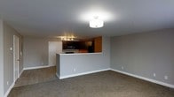 This single-floor space features an open-concept layout that seamlessly connects the living area to the kitchen. The living area is finished with wall-to-wall carpeting in a neutral beige tone, complemented by light gray walls and white baseboards that give the space a clean, understated look. A flush-mount ceiling light fixture provides overhead illumination to the main living area.

A half-wall partition separates the living space from the kitchen, creating a sense of definition while maintaining an open sightline between the two areas. The kitchen is equipped with dark cabinetry accented by warm wood-toned upper cabinets, offering a contrast that adds visual interest. Black appliances, including a microwave and refrigerator, are integrated into the cabinetry layout. A track lighting fixture mounted to the kitchen ceiling provides targeted task lighting over the workspace.

A door visible along the left wall leads to an adjacent room, suggesting additional living or storage space beyond the main open area. The overall design is functional and straightforward, with consistent neutral finishes throughout that create a cohesive and move-in ready environment.
