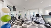 Located at 5010 Central Sarasota Pkwy in Sarasota, Florida, this fitness center offers a thoughtfully designed exercise space that is both functional and visually appealing. The single-floor layout provides a generous open area accommodating a full range of workout equipment and zones.

The room is defined by its striking geometric-patterned carpet tiles in shades of grey, white, and charcoal, lending a modern, dynamic energy to the space. Soft blue accent walls contrast elegantly with crisp white trim, columns, and crown molding, creating a clean and motivating atmosphere. Recessed lighting throughout ensures the space is well-lit, while multiple large windows invite abundant natural light and offer views of the surrounding Florida landscape.

The fitness center is comprehensively equipped for both strength training and cardiovascular exercise. Cardio offerings include treadmills and stationary bikes, while the strength training area features cable resistance machines with adjustable benches, free weights including a full dumbbell rack, medicine balls, and flat workout benches. A wall-mounted flat-screen television adds convenience for entertainment during workouts. Floor-to-ceiling mirrors in the free weights area enhance the sense of space and support proper form. The combination of architectural charm and practical fitness amenities makes this a standout facility.