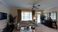 This single-floor space showcases a thoughtfully designed living room that serves as its centerpiece. Large windows dressed with warm, golden-olive drapes allow abundant natural light to fill the room, offering views of lush greenery outside. Crown molding along the ceiling adds a refined architectural detail, while a brushed-nickel ceiling fan provides both function and visual interest overhead.

The living room is furnished with a neutral-toned sofa accented by decorative patterned throw pillows, creating a comfortable and inviting seating area. A glass-top coffee table anchors the space, styled with decorative accessories and beverage items that enhance the room's lived-in charm. A glass side table beside the sofa holds a classic table lamp, contributing warm ambient lighting.

Flanking the room, tall potted palms introduce a natural element that complements the earthy tones throughout. A glass-paneled door near the windows adds architectural character and contributes to the brightness of the space. The neutral carpet flooring ties the room together, creating a cohesive, welcoming ambiance suited for both relaxing and entertaining.