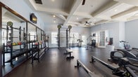 This single-floor fitness center is designed to support a comprehensive range of workout routines, combining thoughtful architectural detailing with a full suite of exercise equipment. The space is distinguished by its elegant coffered ceiling with recessed lighting and dual ceiling fans, contributing both visual appeal and effective air circulation throughout the facility.

The main workout floor is covered in durable rubber flooring and is divided into clearly defined training zones. The strength area is well-appointed with power racks, a full dumbbell and kettlebell rack, weight plates, and flat workout benches, all reflected by a large wall-mounted mirror that enhances the sense of space. A dedicated cardio section lines one side of the room, featuring multiple elliptical machines and treadmills alongside a stair climber. Rowing machines occupy a separate section near the wall, accompanied by a mounted television and framed artwork that add a polished touch to the environment.

A secondary functional training room offers a bright, open space filled with natural light from a large window. This area includes foam rollers, jump ropes, plyo boxes, and a stretch mat, making it ideal for mobility work and dynamic training. French-style glass doors connect the various zones, maintaining an open and airy feel. Multiple windows throughout the facility bring in abundant natural light, creating an energizing and welcoming atmosphere for users.