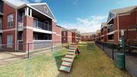 This residential community amenity space is thoughtfully designed to enhance outdoor living and recreation for its residents. The centerpiece is a shimmering outdoor swimming pool, enclosed by a secure wrought-iron fence with a gated entry. A covered pavilion adjacent to the pool offers a shaded retreat, featuring a wood-paneled deck supported by sturdy columns and open views of the surrounding brick-facade buildings. The covered area provides ample space for lounging or gathering, with natural light filtering through the open sides.

A dedicated dog park is a standout feature of the community grounds, offering a fenced, grassy area equipped with agility obstacles including a ramp and weave poles, providing pets with an engaging and safe environment for exercise. The well-maintained lawn is framed by the community's multi-story brick buildings, which feature balconies and pitched rooflines that lend a classic architectural character to the complex.

The common corridor areas are clean and functional, lined with French-style glass-paned doors that allow natural light to flow through. Vending machines and clearly marked access points add everyday convenience. The overall ambiance of the amenity space is welcoming, practical, and community-oriented, reflecting a well-maintained residential environment designed with both residents and their pets in mind.