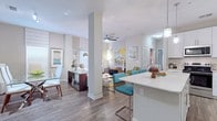 This single-floor residence is thoughtfully designed with a modern, open-concept layout that seamlessly connects the main living areas. The kitchen is a standout feature, outfitted with white shaker-style cabinetry, stainless steel appliances, a quartz countertop island with bar seating, and sleek pendant lighting — making it both functional and visually striking. Wood-look flooring flows throughout the main living spaces, adding warmth and continuity.

The living room is bright and inviting, highlighted by a ceiling fan, track lighting, and vibrant, colorful artwork. It opens directly to the dining area, which features a glass-top dining table surrounded by white chairs, Roman shades on the windows, and a bold gallery wall of abstract art panels.

The bedroom offers a comfortable, carpeted retreat with natural light from windows dressed in Roman shades, a rich wood-framed headboard, and direct access to a private bathroom featuring a white vanity with quartz countertops and a framed mirror.

A second full bathroom includes a white vanity, tub-shower combination, and wood-look tile flooring. Throughout the space, a cohesive palette of neutral tones accented by teal, orange, and yellow creates a lively yet polished atmosphere.
