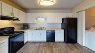 Located at 734 MacMillan Avenue in Wilmington, North Carolina, this single-floor home offers a practical and comfortable layout with a clean, neutral aesthetic throughout. The open-concept kitchen and living area serves as the heart of the home, featuring durable wood-look flooring, warm beige walls, and a textured ceiling. The kitchen is well-equipped with white shaker-style cabinetry, light countertops, a double sink, and a full suite of black appliances including a gas range, dishwasher, and refrigerator. A dedicated in-unit laundry area is conveniently accessible directly from the kitchen. The bedrooms are carpeted and finished with the same warm beige tones, providing a cozy atmosphere. One bedroom benefits from dual windows fitted with blinds, allowing for ample natural light and outdoor views. The bathroom is outfitted with wood-look flooring and features a full tub-shower combination with chrome fixtures. Throughout the home, white trim and baseboards provide a clean contrast to the warm wall tones, contributing to a cohesive and inviting interior. The single-floor layout ensures ease of navigation and a seamless flow between living spaces.