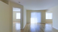 This single-floor space presents a clean, open layout characterized by light hardwood flooring that runs continuously throughout, contributing to a cohesive and airy feel. The walls are finished in a soft, warm cream tone that complements the natural light flooding in from multiple sources. A large sliding glass door, fitted with white vertical blinds, serves as a prominent feature of the main living area, allowing abundant daylight while offering privacy control. An adjoining room, visible through a wide doorway, features its own window, further enhancing the overall brightness of the space. The white trim and baseboards provide crisp contrast against the warm wall tones, adding a polished detail to the interior. The smooth white ceiling, accented by a centrally placed smoke detector, maintains a clean and uncluttered overhead plane. The open connection between rooms promotes a natural flow, making the space feel welcoming and functional. Overall, the combination of natural light, hardwood floors, and neutral finishes creates a bright, versatile environment well-suited for a variety of uses.