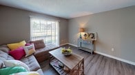 This well-appointed 1-bedroom, 1-bathroom unit is designed for comfortable, efficient living across a single floor. The galley-style kitchen features white cabinetry, granite-look countertops, wood-look plank flooring, and black appliances including a refrigerator, electric range, and dishwasher, maximizing every inch of counter and storage space. Adjacent to the kitchen, a dedicated dining area is accented by a pendant chandelier and flows naturally into the living room, creating an open, connected feel. The living room is bright and inviting, with wood-look flooring, neutral gray walls, a textured ceiling, and a large sliding glass door fitted with vertical blinds that opens to an outdoor view, flooding the space with natural light. The bedroom is generously sized with plush carpet, a ceiling fan with light fixture, natural window light, and access to a walk-in closet, offering ample storage. The bathroom is clean and functional, featuring a full tub-shower combo with white tile surround and wood-look flooring. Consistent warm-toned, wood-look flooring runs throughout the main living areas, tying the space together with a cohesive, modern aesthetic.