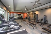 Located at 494 Monroe St in Macon, Georgia, this fitness center is a well-appointed, single-floor facility designed to support a comprehensive workout experience. The space features a tray ceiling with recessed lighting and ceiling fans, contributing to a comfortable and airy atmosphere throughout. Large windows along the exterior walls invite abundant natural light and offer views of the surrounding greenery, creating an energizing environment for exercise. A glass door provides direct access to an outdoor patio area, seamlessly connecting the interior to the outdoors. The cardio section is equipped with a row of treadmills and elliptical machines by TRUE Fitness, positioned to take advantage of the natural light from the windows. The strength training area is equally well-stocked, featuring cable machines, leg press and extension equipment, adjustable benches, a dumbbell rack, and a multi-station cable system. A bold orange accent wall adds a dynamic visual element to one end of the room, while floor-to-ceiling mirrors along one wall enhance the sense of space and allow users to monitor their form. The durable wood-look flooring and neutral wall tones create a clean, modern aesthetic throughout, making this fitness center a functional and inviting space for all levels of training.
