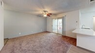 Located at 301 N Roadrunner Pkwy in Las Cruces, NM, this single-floor, one-bedroom, one-bathroom unit offers a well-organized and functional layout. The living area is finished with plush wall-to-wall carpeting, a textured ceiling, and a ceiling fan with integrated lighting. A sliding glass door connects the living space to a private outdoor balcony, which features light wood plank decking and horizontal-plank siding, providing a comfortable spot to enjoy the New Mexico surroundings.

The galley-style kitchen is bright and efficient, lined with white cabinetry, light-colored countertops, and light vinyl plank flooring. Stainless steel appliances, including a full-size refrigerator, complete the space, while a window allows for natural light.

The bedroom is a comfortable, carpeted retreat with its own ceiling fan, a large window that brings in natural light and views of the outdoors, and direct access to the hallway and closet. The bathroom features a clean, white vanity with ample cabinet storage, a large mirror, and a tub-shower combination, maintaining a bright and tidy aesthetic throughout.

A dedicated hallway connects all areas of the unit, contributing to a logical and easy-to-navigate floor plan. This unit combines practical design with comfortable finishes in a convenient Las Cruces location.