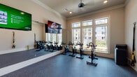 This single-floor fitness studio is designed to support both cycling-focused and functional training workouts. The spin cycling area is the centerpiece of the space, lined with a row of Matrix stationary bikes arranged in front of a full-length wall mirror that amplifies the sense of depth and allows riders to monitor their form. Large, multi-pane windows line one wall, flooding the room with natural light and offering views of lush greenery and surrounding outdoor spaces. Wall-mounted flat-screen televisions provide visual entertainment during sessions, while a ceiling fan overhead helps maintain airflow and comfort. The flooring throughout is a durable, cushioned rubber-style surface well-suited for high-intensity use.

A secondary functional training area connects to the cycling space, accessible through glass-paneled doors. This zone is outfitted with TRX suspension trainers mounted to the wall, a rack of medicine balls and resistance tools, and a collection of stability and exercise balls in various sizes. Step platforms and additional accessories are also stored here, making the area versatile for group or individual workouts. Crown molding and neutral wall tones lend the studio a refined, polished aesthetic that balances its athletic function with an inviting atmosphere.