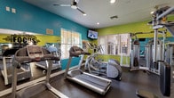 This single-floor fitness center is designed to provide a comprehensive workout environment, combining both cardio and strength training areas within a spacious, open layout. The interior is immediately distinguished by its bold color scheme — vibrant teal and lime-green walls create an energetic atmosphere, complemented by motivational phrases and graphics such as "Beast Mode ON," "FOCUS," and "Will It Be Easy? Nope. Worth It?" displayed throughout the space.

The cardio zone is equipped with multiple treadmills and elliptical machines, each featuring individual digital consoles. Wall-mounted flat-screen televisions are positioned for easy viewing during workouts. Ceiling fans overhead help maintain airflow and comfort throughout the space.

The strength training area houses a variety of Precor and Cybex cable machines, weight benches, and selectorized equipment, providing options for a full-body resistance workout. Large floor-to-ceiling mirrors line multiple walls, visually expanding the space and allowing users to monitor their form during exercise. The dark rubber flooring throughout is both durable and practical for a fitness environment.

Natural light filters in through windows and a glass-paneled entry door, lending brightness to the interior. Recessed lighting provides consistent illumination across the entire floor. The overall design balances functionality with a motivating, high-energy ambiance suited for a dedicated fitness facility.