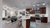 Located at 155 Birdsall St in Houston, TX, this single-floor residence offers a thoughtfully designed open-concept layout that seamlessly connects the kitchen, dining, and living areas. The kitchen is a standout feature, equipped with rich dark-wood cabinetry, a subway tile backsplash, a granite-topped peninsula with an undermount sink, stainless steel appliances, and pendant lighting complemented by track lighting overhead. Wood-look flooring flows throughout the main living areas, enhancing the cohesive aesthetic. The living room is bright and welcoming, with a ceiling fan, access to a private outdoor area through a full-length glass door, and ample wall space for décor. The bedroom offers plush carpeting, a ceiling fan, a mirrored closet, and a calm, neutral palette conducive to rest. The bathroom features large-format tile flooring, a dark-wood vanity with granite countertops, and a well-lit mirror. Completing the unit is a dedicated in-unit laundry area with a full-size stacked washer and dryer. The overall ambiance is modern and comfortable, with consistent finishes throughout that reflect quality and attention to detail.