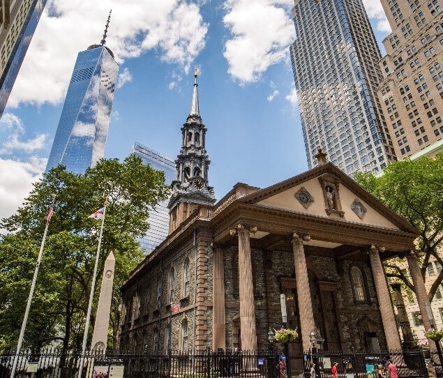 St. Paul’s Chapel among skyscrapers and one World Trade Center