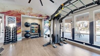 This 1,070 square foot fitness center in Phoenix, Arizona, is a testament to modern gym design and functionality. The space boasts an open floor plan with high ceilings, creating an airy and expansive atmosphere. Light wood flooring throughout adds warmth and complements the striking navy blue accent walls, which provide a sophisticated contrast.

The gym is equipped with a wide array of state-of-the-art fitness equipment, including weight machines, free weights, cardio equipment, and functional training areas. Large windows allow abundant natural light to flood the space, while also offering views of the outdoors, including glimpses of a pool area.

Thoughtful design elements include recessed lighting, sleek ceiling fans for air circulation, and strategically placed mirrors to enhance the sense of space. The gym features separate zones for different types of workouts, with cardio equipment positioned near windows and strength training equipment centrally located.

A notable feature is the accent wall with wooden slats, adding texture and visual interest. This wall houses a large flat-screen TV, perfect for guided workouts or entertainment during exercise. The overall design aesthetic balances functionality with style, creating an inviting and motivating environment for fitness enthusiasts.