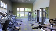 This fitness center offers a comprehensive workout environment designed to accommodate a wide range of exercise routines. The space features soaring ceilings that create an open, airy atmosphere, complemented by a row of large windows along one wall that flood the room with natural light and provide pleasant views of surrounding greenery. The flooring consists of a durable, checkered tile pattern in muted green and grey tones, adding a functional yet visually appealing touch to the space. On the cardio side, multiple treadmills and elliptical machines are neatly arranged, offering ample options for aerobic training. The strength training area is equally well-appointed, featuring a multi-station cable machine and various weight resistance equipment suitable for full-body workouts. A ceiling fan overhead aids in air circulation, ensuring a comfortable environment during intense sessions. The walls are painted in a calming sage green, contributing to a refreshing and motivating atmosphere. Whether focused on cardio endurance, strength building, or general fitness, this facility provides the equipment and environment to support a well-rounded exercise regimen.