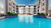 Located at 1333 Old Spanish Trail in Houston, Texas, this outdoor amenity space serves as a central gathering hub within a multi-story residential community. The architectural design blends classic brick detailing with contemporary stucco facades, creating a cohesive and visually striking courtyard environment. At the heart of the space is a generously sized resort-style swimming pool with vibrant blue water, accented by decorative mosaic tile waterfall features and a central raised island planter with lush tropical landscaping. Palm trees and manicured greenery frame the pool area, enhancing the resort-like atmosphere. The surrounding pool deck offers ample space for lounging, furnished with chaise lounges and seating arrangements that invite relaxation under the open Texas sky. The building wraps around the courtyard on multiple sides, with private balconies overlooking the pool area on each floor, providing residents with expansive views of the amenity space. A secondary courtyard area features additional seating with colorful lounge chairs, brick accent walls, and a metal staircase, offering a more intimate outdoor retreat. The community's design maximizes natural light and outdoor connectivity, creating a welcoming, resort-inspired environment in the heart of Houston.