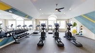 This fitness center is thoughtfully designed to accommodate a range of exercise needs within a bright, welcoming environment. The space features vaulted ceilings that lend an open, airy feel, complemented by a ceiling fan that aids in air circulation during workouts. Large arched and rectangular windows line the walls, flooding the interior with abundant natural light while offering a pleasant view outward.

The flooring consists of durable, slip-resistant material well-suited for high-traffic fitness use. A row of elliptical trainers forms the centerpiece of the space, positioned to take advantage of the natural light and open layout. Treadmills are arranged along the windowed wall, providing users with a bright backdrop during cardio sessions. A well-stocked dumbbell rack lines one side of the room, offering a full range of free weights for strength training. Exercise balls are also available, visible near the perimeter of the space.

Recessed lighting supplements the natural light, ensuring the space remains well-lit at all hours. The neutral wall tones and tasteful accent details contribute to a clean, motivating atmosphere throughout this single-floor fitness facility.
