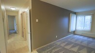 This single-floor space presents a straightforward and functional interior design. The main area visible features a prominent taupe-grey accent wall that anchors the room, complemented by patterned carpet flooring in muted tones. Natural light filters into the space through a window dressed with sheer white vertical blinds, lending a soft, diffused glow to the interior.

The transition from the carpeted living area to adjacent spaces is marked by a shift to hard surface flooring, likely tile or laminate, which is visible through the open doorway along the hallway. The hallway connects to additional rooms, with white paneled doors adding a clean, classic detail to the corridor.

The walls throughout are finished in a consistent warm grey-brown palette, creating a cohesive and neutral aesthetic. A wall-mounted switch plate and baseboard outlet are positioned on the accent wall, indicating practical electrical access. The overall ambiance is calm and minimal, with the neutral color scheme providing a versatile backdrop suitable for a variety of furnishing styles. The space appears well-maintained and move-in ready.